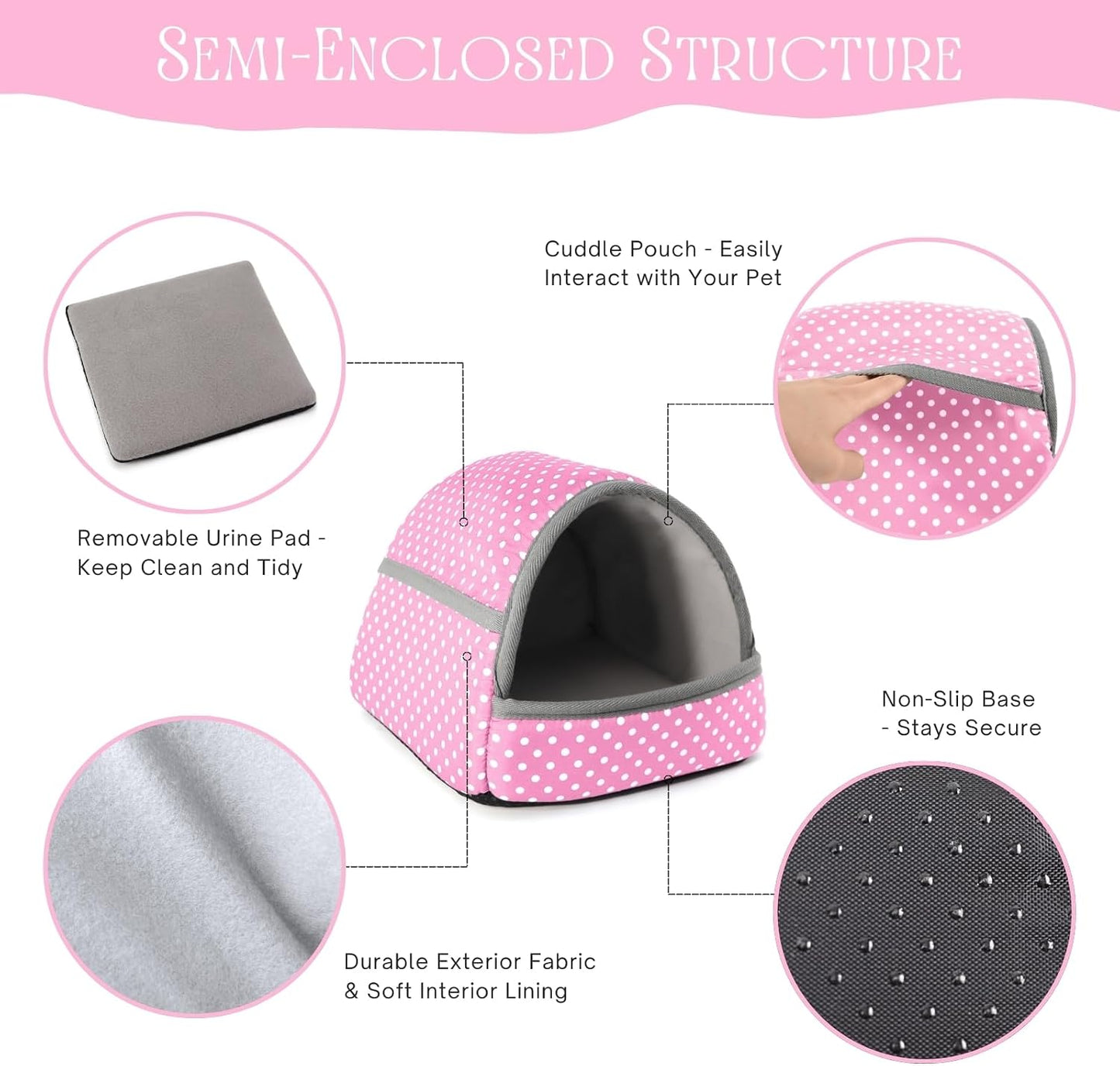 Guinea Pig Hideout with Cuddle Pouch - Washable Dwarf Rabbit Bed, Durable Fabric with Soft Lining - Small Animal Cage Accessories - Pink Dot