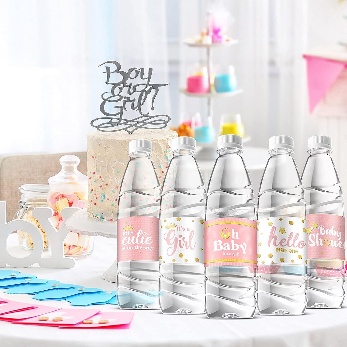 Teling 80 Pieces Baby Shower Water Bottle Labels Waterproof Water Bottle Stickers Wrappers Labels for Baby Shower Party Decoration(Pink Girl Style)