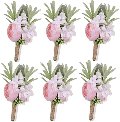 Pink Boutonnieres for Men 6Pcs Faux Silk Wedding Prom Groom | Faux Pink Boutonniere for Wedding Prom Homecoming Anniversary Formal Dinner Party Engagement Graduation Gift Groom Best Man