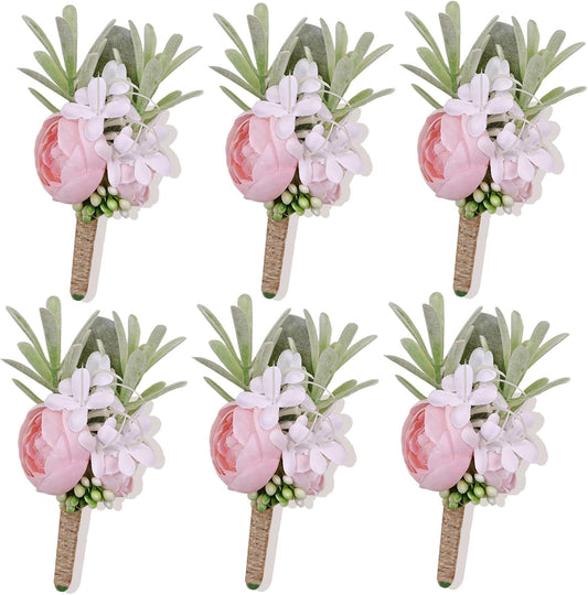 Pink Boutonnieres for Men 6Pcs Faux Silk Wedding Prom Groom | Faux Pink Boutonniere for Wedding Prom Homecoming Anniversary Formal Dinner Party Engagement Graduation Gift Groom Best Man