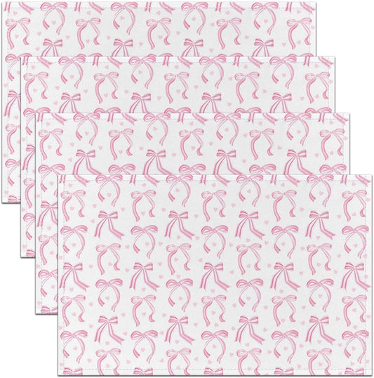 jejeloiu Watercolor Bow Placemats Set of 4 Pink Bow Table Mats for Party Kitchen Dining Decoration Girls Bow Place Mat for Table Holiday Decor Indoor Outdoor 18"x12" Non-Slip Easy to Clean Washable