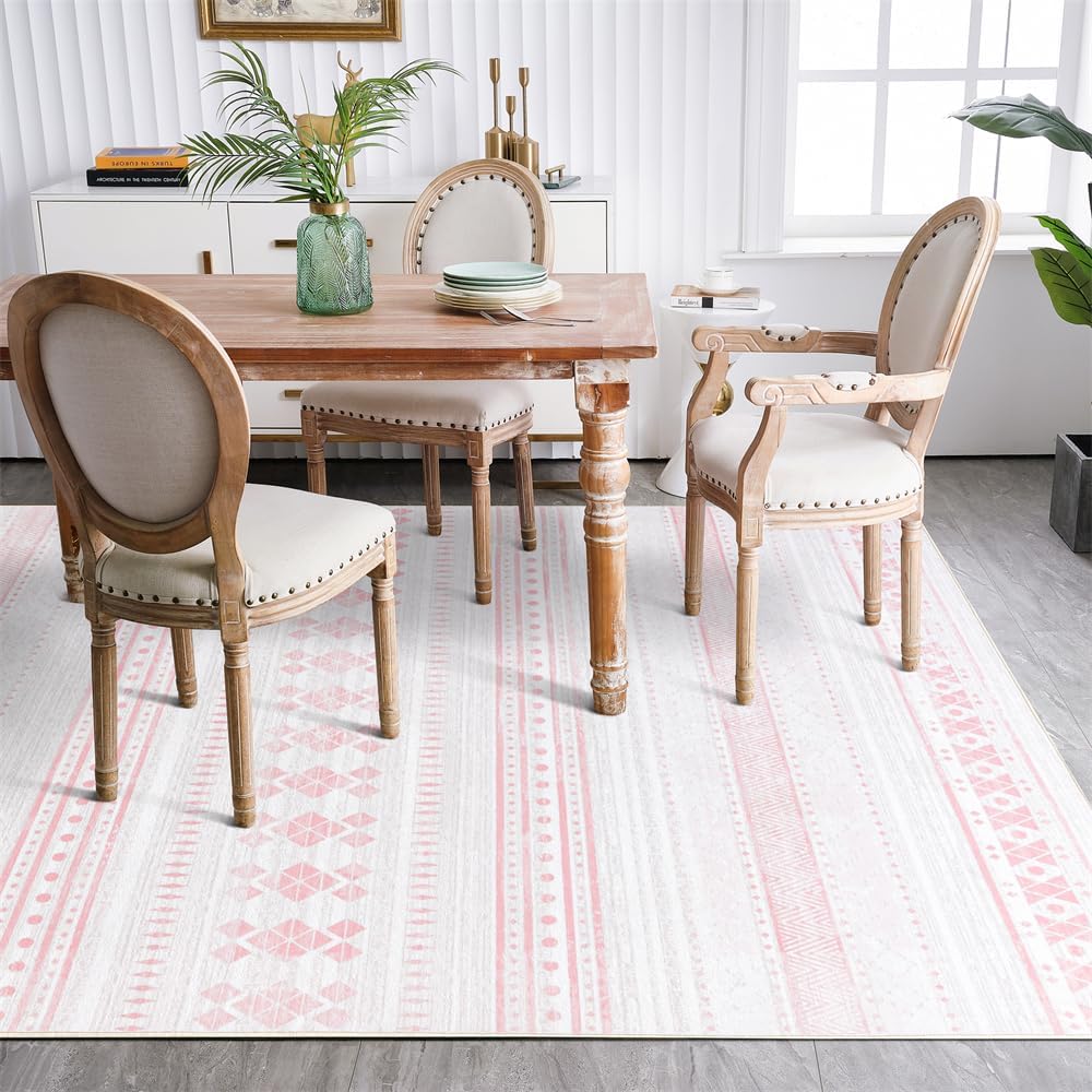 6x9 Washable Area Rug, Boho Moroccan Farmhouse Neutral Low Pile Carpet, Soft Non-Slip Rugs for Living Room Bedroom Dining Room Nursery Dorm Home Decor, Pink & White