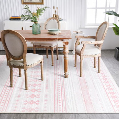 6x9 Washable Area Rug, Boho Moroccan Farmhouse Neutral Low Pile Carpet, Soft Non-Slip Rugs for Living Room Bedroom Dining Room Nursery Dorm Home Decor, Pink & White