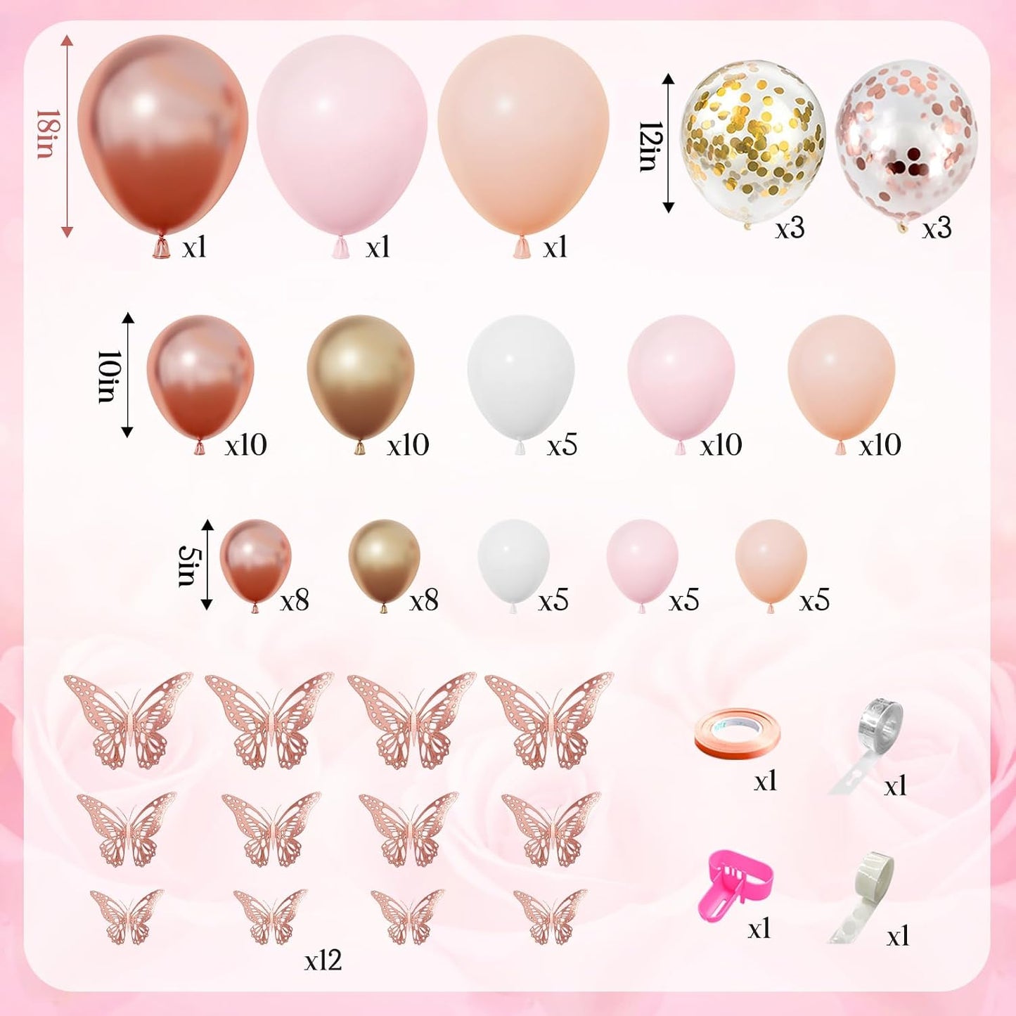 Amandir 135pcs Rose Gold Balloons Girl Baby Shower Decorations, Butterfly Stickers Balloon Garland Arch Kit Baby Box with Letter (A-Z+Baby) for Wedding Bridal Birthday Party Decoration