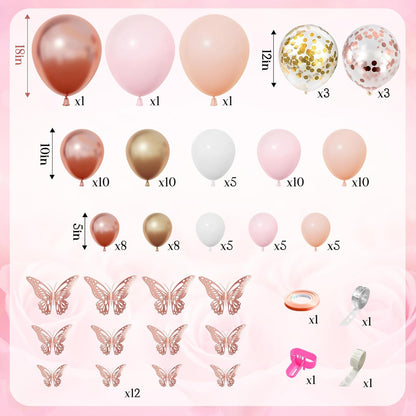 Amandir 135pcs Rose Gold Balloons Girl Baby Shower Decorations, Butterfly Stickers Balloon Garland Arch Kit Baby Box with Letter (A-Z+Baby) for Wedding Bridal Birthday Party Decoration