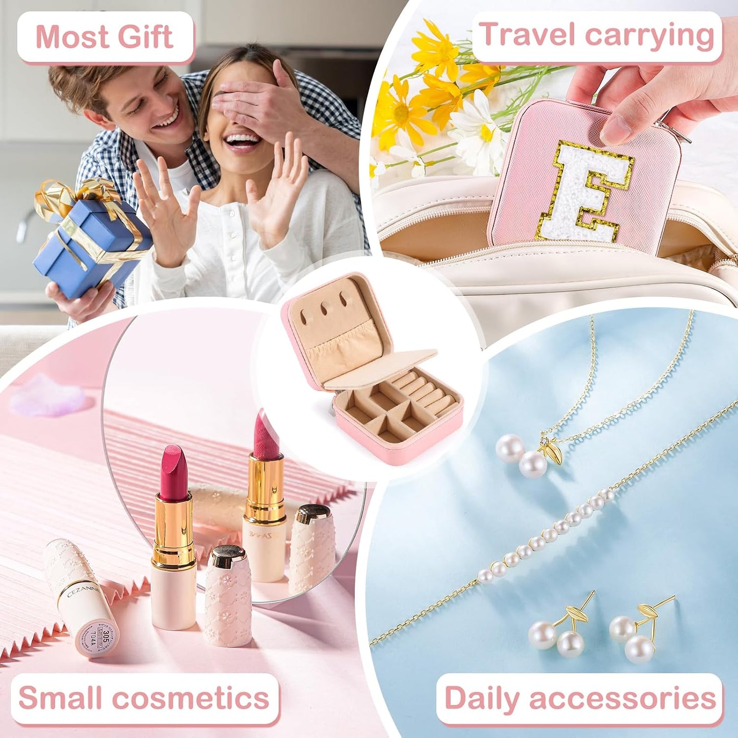 URSKYTOUS Travel Jewelry Case for Women Girls Small Jewelry Box Mini Jewelry Organizer Holder Pink Portable Personalized Birthday Gift for Women Mom Daughter Friends Female Her Teenage Girl Teacher(E)