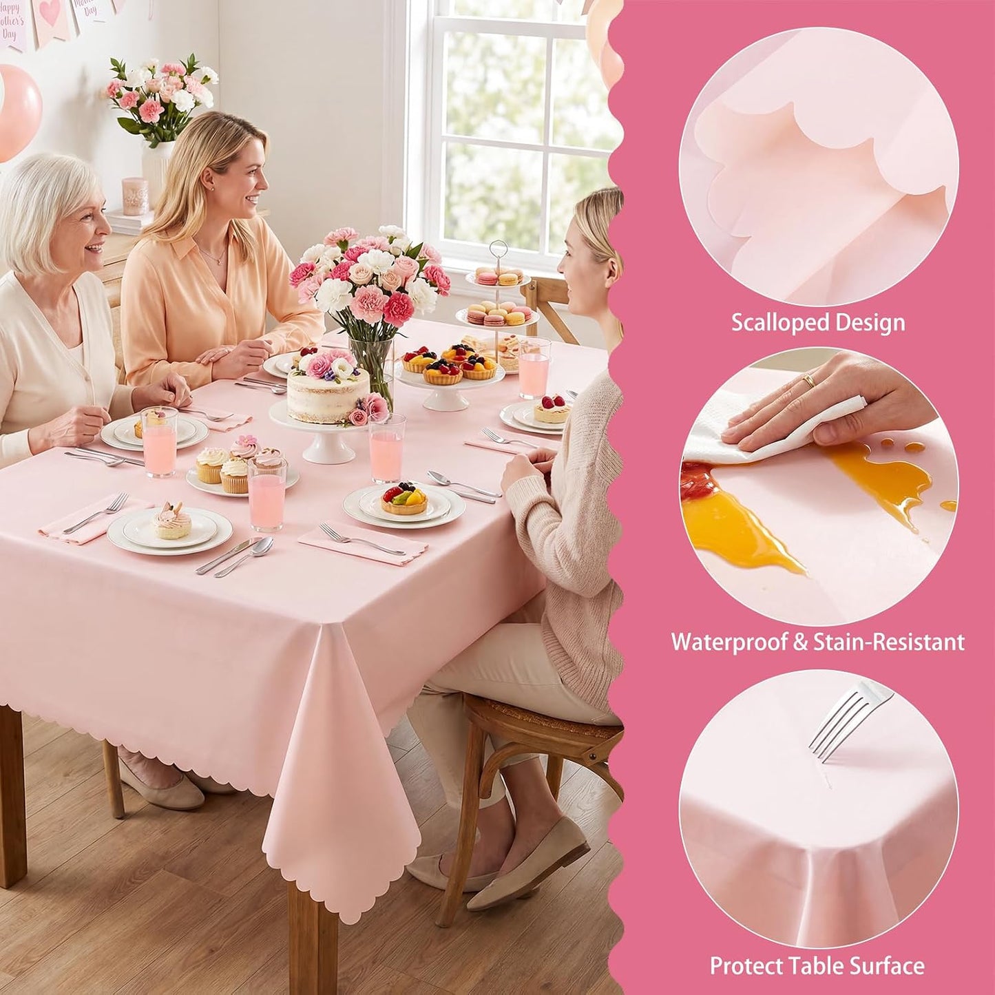 3 Pack Plastic Light Pink Tablecloths, 54 X 108Inch Disposable Spring Tablecloth Scalloped Pink Table Cloth for Rectangle Tables Table Cover for Girls Birthday Baby Bridal Shower Tea Party Wedding