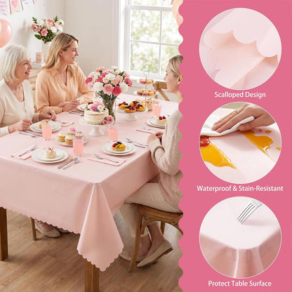 3 Pack Plastic Light Pink Tablecloths, 54 X 108Inch Disposable Spring Tablecloth Scalloped Pink Table Cloth for Rectangle Tables Table Cover for Girls Birthday Baby Bridal Shower Tea Party Wedding