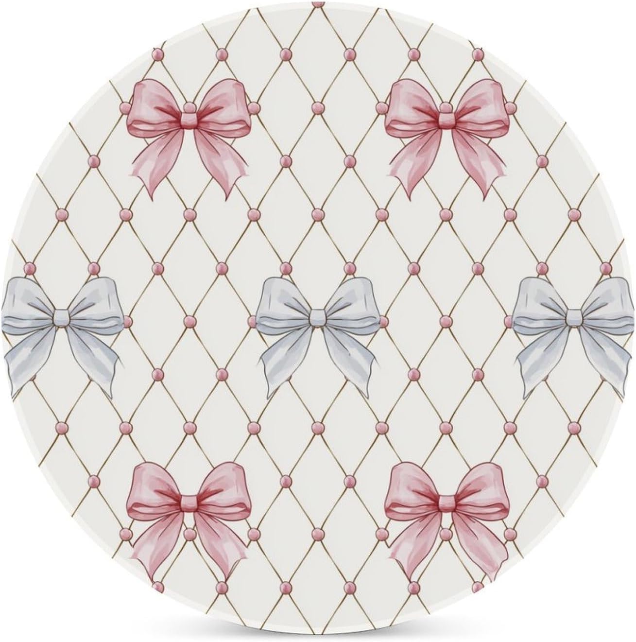 Pastel Pink and Light Blue Ribbon Bows Trellis Ceramic Coasters Set of 4 with Cork Back Absorbent Drink Coasters