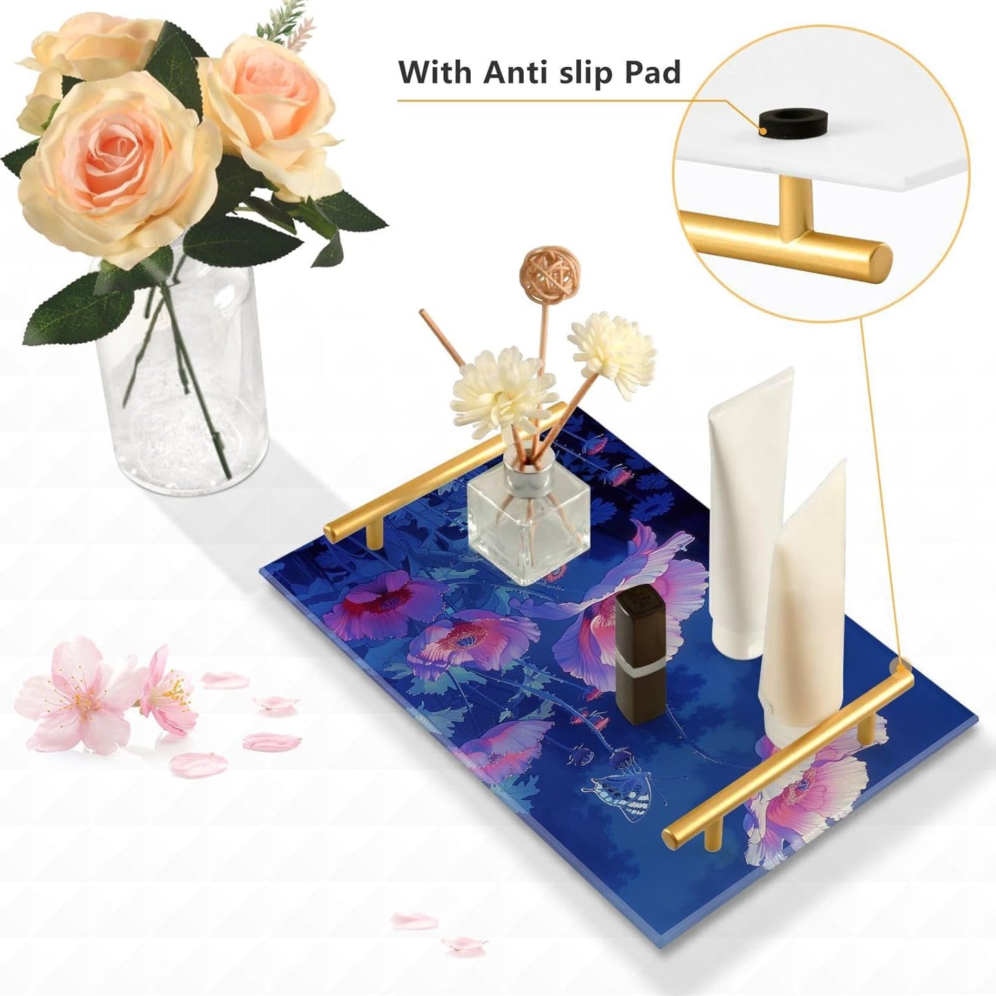Modern Peach Poppie Butterfly Decorative Acrylic Plastic Trays with Handles Board Serving Tray for Jewelry Perfume for Square Serving bandejas para comida