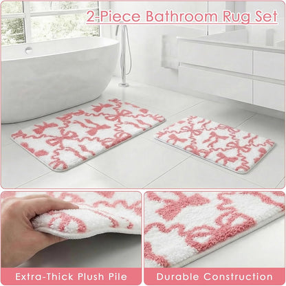 Arttown Cute Pink Bow Bathroom Rug Set 2 Piece White Fluffy Microfiber Non-Slip Water Absorbent Bath Mat Soft Washable Floor Rug for Tub Showers Laundry Room Decor (16"x24"+20"x32")