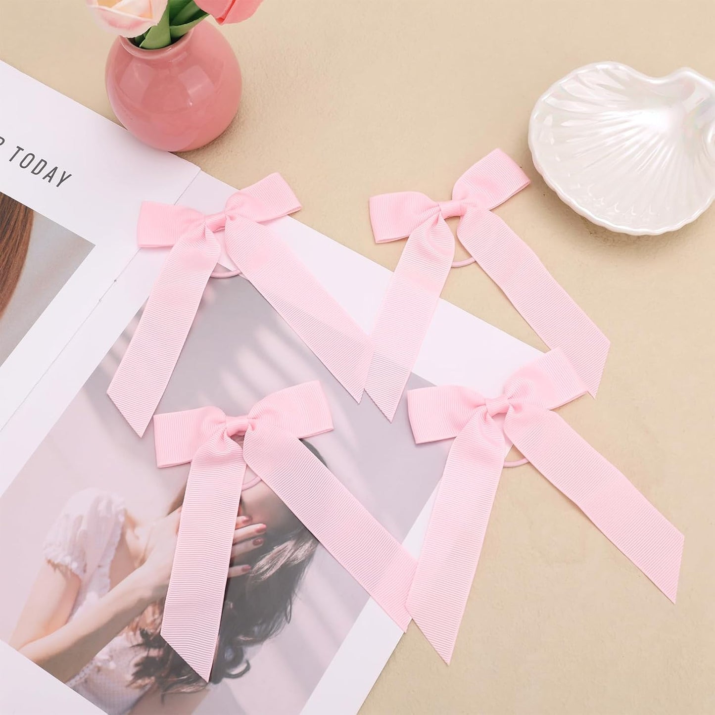 12pcs Collegiate Style Ponytail Holder Hair Bows, Ribbon Bows Cheer Bows Scrunchies Hair Bow Bands Hair Ropes Hair Ties for Women Girls Cheerleading Toddler Sports Hair Accessories Decoration (Pink)