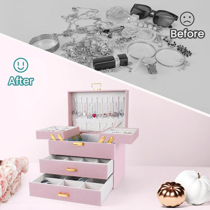 Dajasan Jewelry Organizer Box, Large Jewelry Boxes for Girls, Space-Saving 4 Layers Jewelry Storage Case with Drawer, Gift for Women, Movable Metal Stand, Modern (Pink+ Gold)