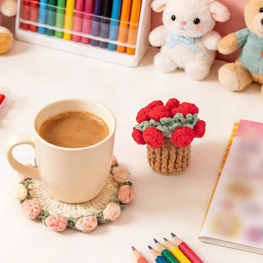 Crochet Flowers Coasters with Basket,Handmade Rose Bouquet Blanket Kawaii Decor Coaster for Desk,Coffee Table,Home Decor,Wedding Gift,Housewarming,Birthda(2Pcs) (Red,Pink)