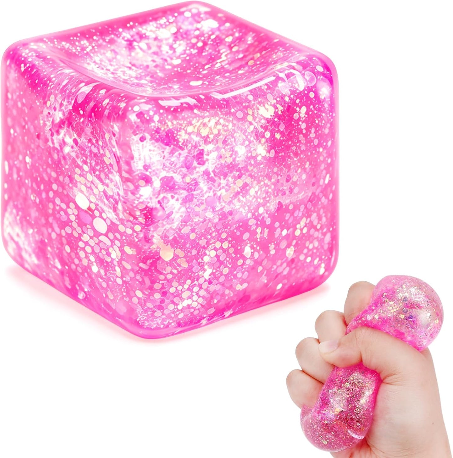 Glitter Ice Cube Squishy Fidget Toys, Squishy Cube Stress Balls for Adults & Kids, Slow Rising Stress Relief Toys, Squeeze Ball Filled with Thick Substance and Glitter (Pink)