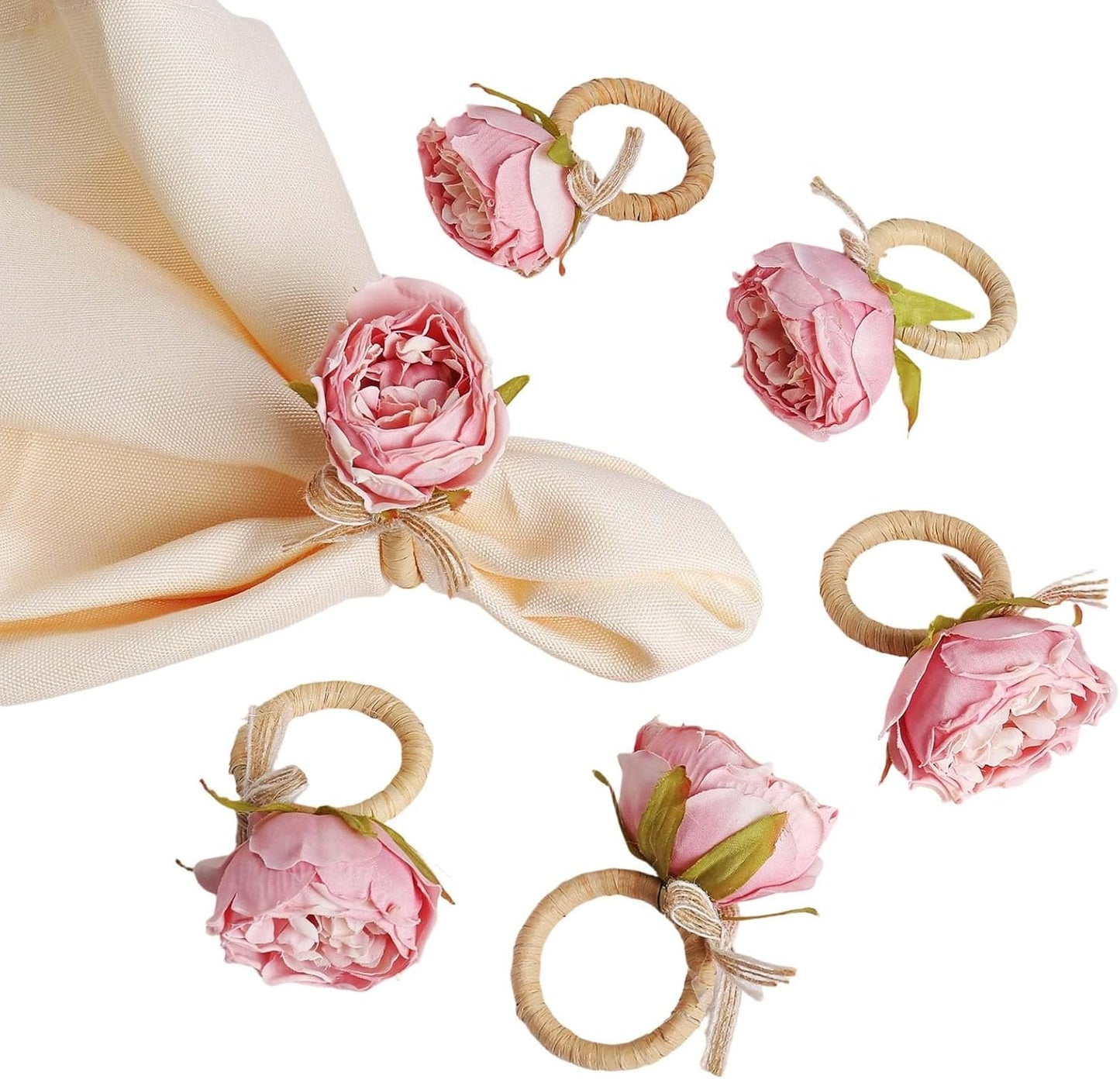 Handcraft Flower Napkin Rings Set of 6,Pink Peony Flower Handmade Napkin Holder Rings Table Decorations for Summer,Wedding,Luncheons,Picnics,Banquet, Birthday,Christmas,Valentine's, Thanksgiving
