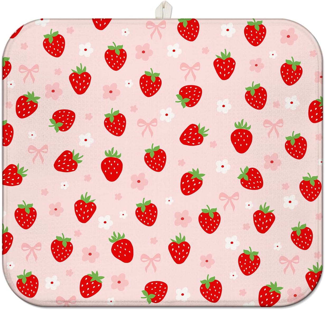 Strawberry Dish Drying Mat for Kitchen Counter,Pink Cute Floral Bow Microfiber Drying Mat,Washable Absorbent Kitchen Countertop Dish Draining Mat,16×18Inch