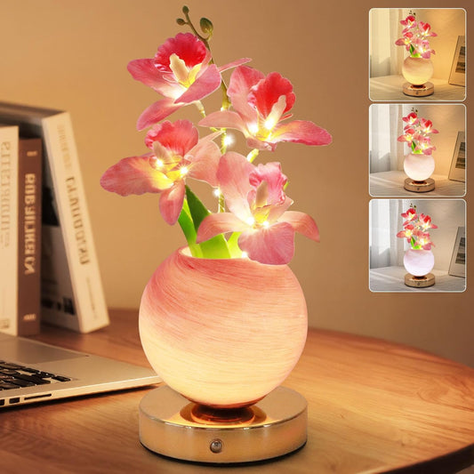 Flower Table Lamp, 3 Colors Orchid Night Light, Cordless Touch Dimming Artificial Flower with Vase Lamp, LED Bedside Night Light Romantic Gifts for Girl Women Mom (Pink Orchid)