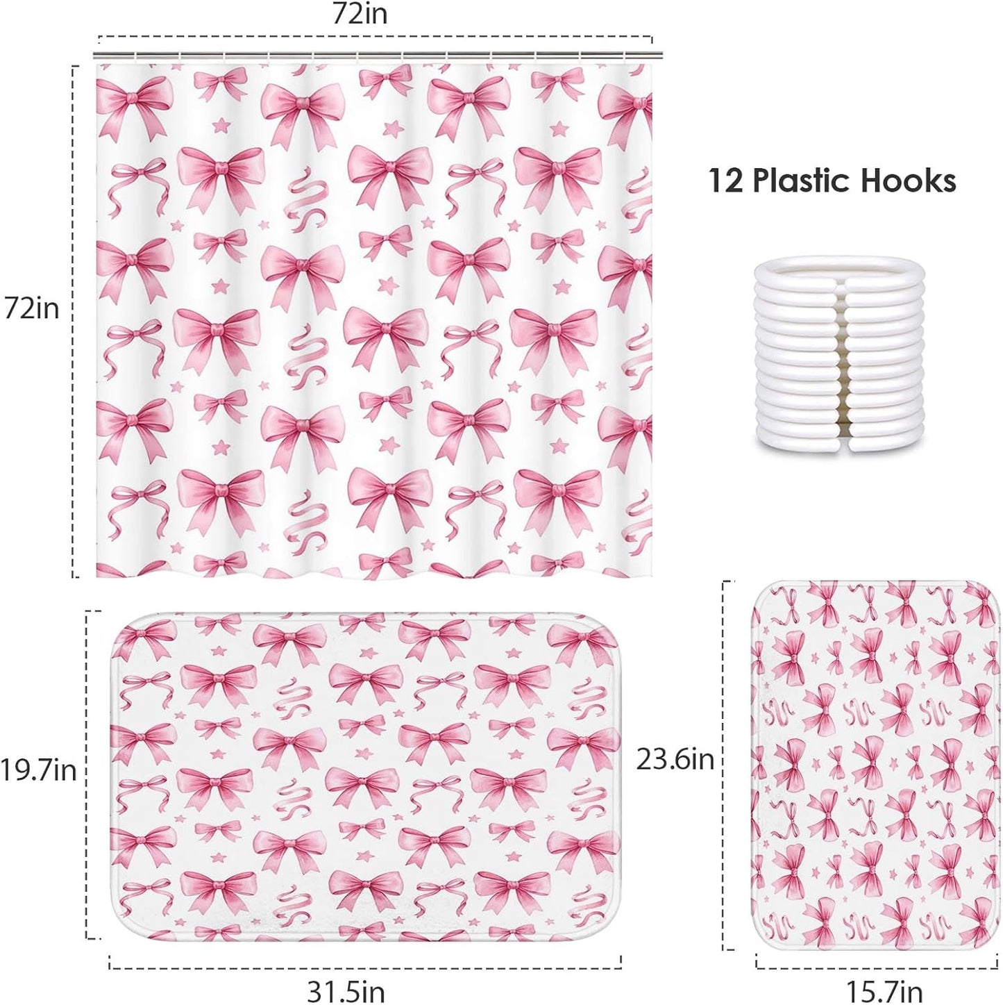 ArtSocket Bow Pink Coquette Bathroom Set with Shower Curtain and Bath Rugs and Accessories, Star Preppy Non-Slip Shower Curtain Set, Bathroom Decor 3 Pcs, 72" L x 72" W