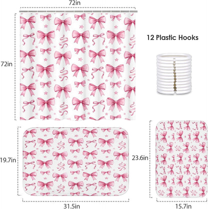 ArtSocket Bow Pink Coquette Bathroom Set with Shower Curtain and Bath Rugs and Accessories, Star Preppy Non-Slip Shower Curtain Set, Bathroom Decor 3 Pcs, 72" L x 72" W