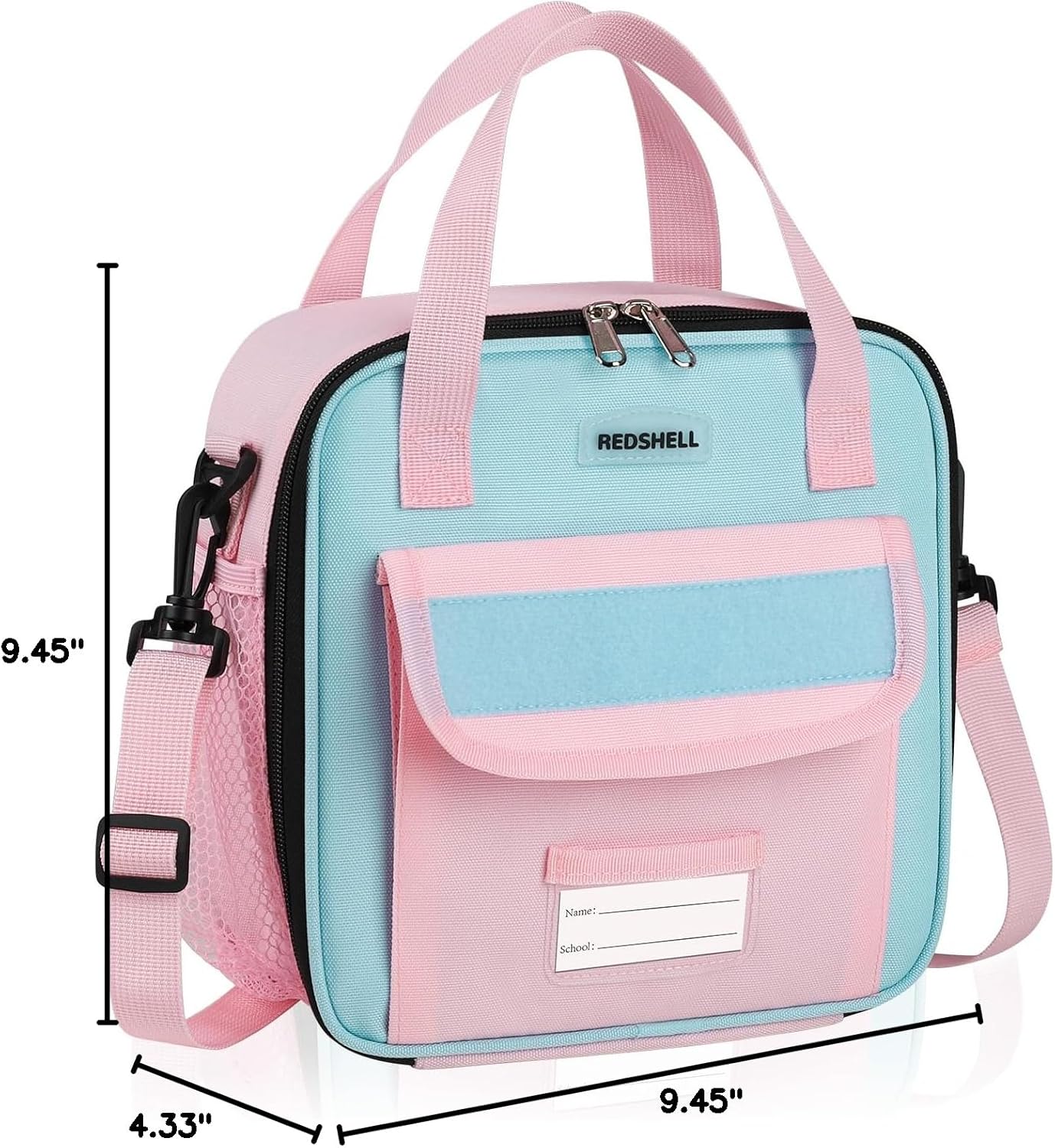 REDSHELL Tactical Lunch Box Kids, Large Insulated Lunch Bag for Girls, Cooler Lunchbag, Square Toddler Lunchbox, Back to School Daycare Lunch Tote Pail with Water Bottle Holder Shoulder Strap, Pink