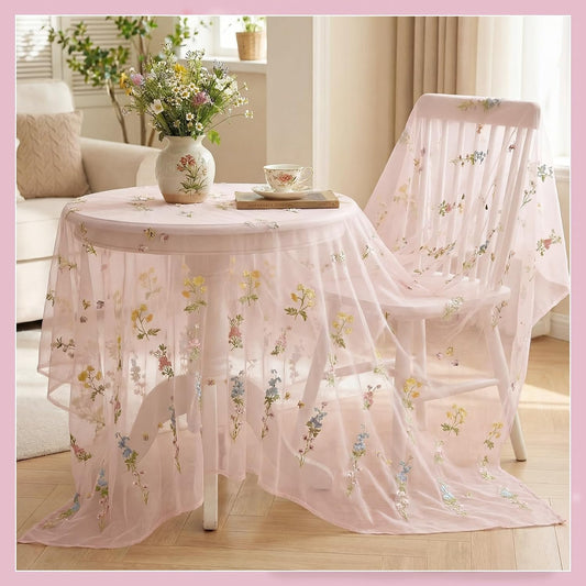Lounsweer 3 Pcs Pink Wildflower Table Runner 10ft Embroidery Tulle Spring Floral Table Runner Seasonal Summer Butterfly Kitchen Dining Gauze Decoration for Wedding Baby Shower Birthday Party