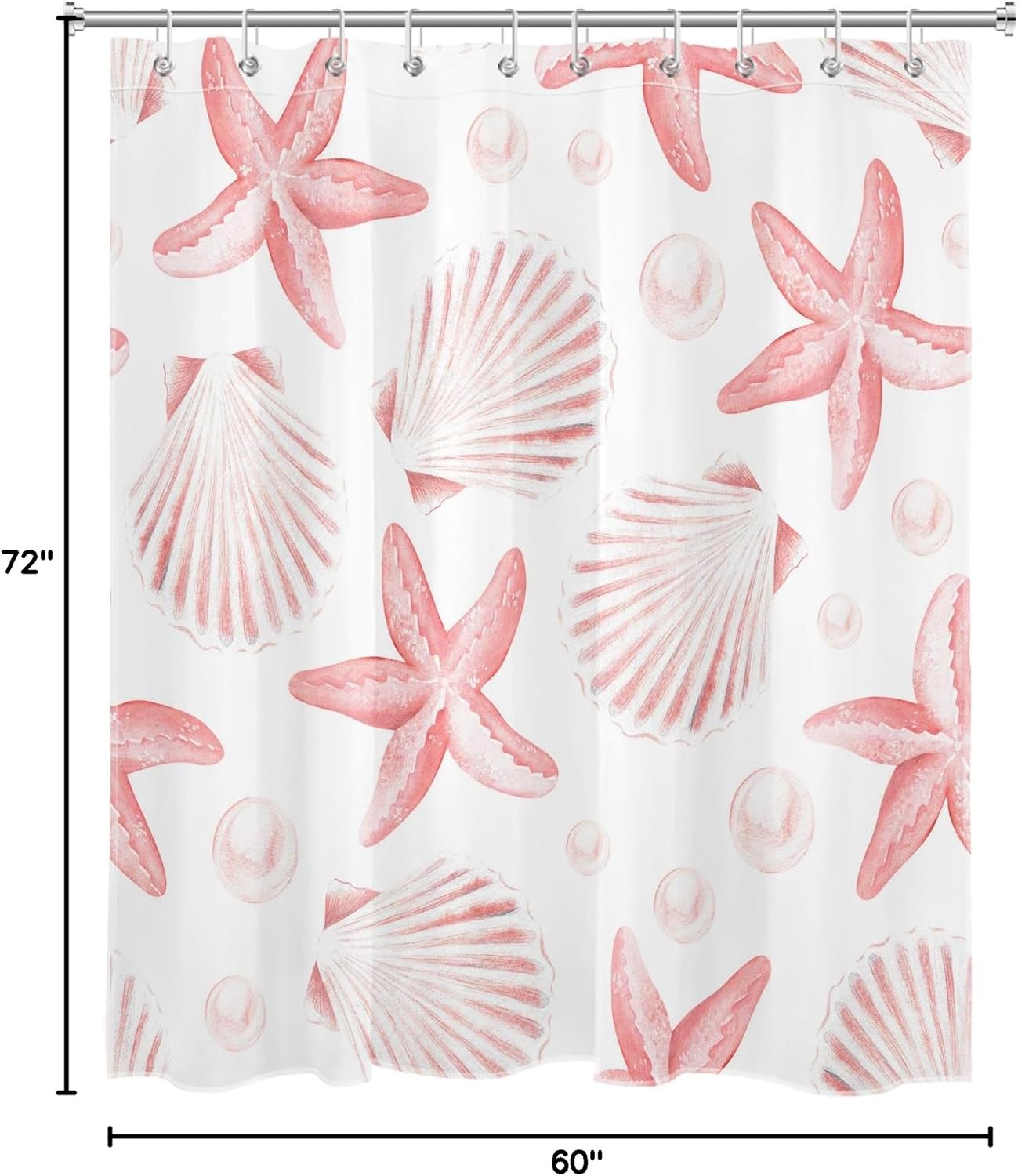 HVEST Nautical Coastal Shower Curtain for Bathroom Pink Seashell Seastar on White Fabric Shower Curtain with Hooks Summer Ocean Beach Bathroom Decor Curtains,72L X 60W inches
