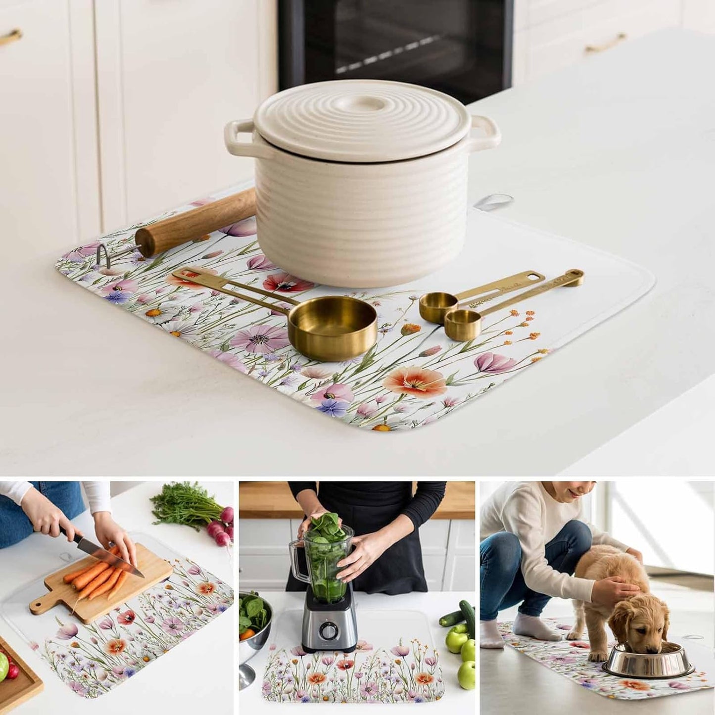 Light Pink Dish Drying Mat 1 Pack, Floral Rustic Wildflower Leaf Spring Blossom Absorbent Heat Insulating Kitchen Drying Pad Drainer Mats for Sink Counter Dishes 18 X 24 Inch