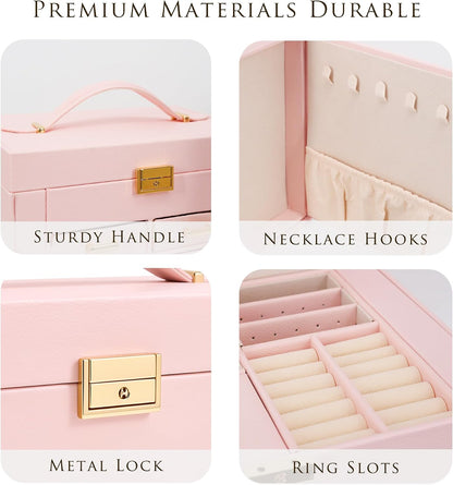 Jewelry Box with Travel Case, PU Leather 5-Layer Jewelry Organizer with Mirror & Lock, Velvet Lining Jewelry Storage for Women, Dresser Top Portable Jewelry Case, Gift for Women (Pink)