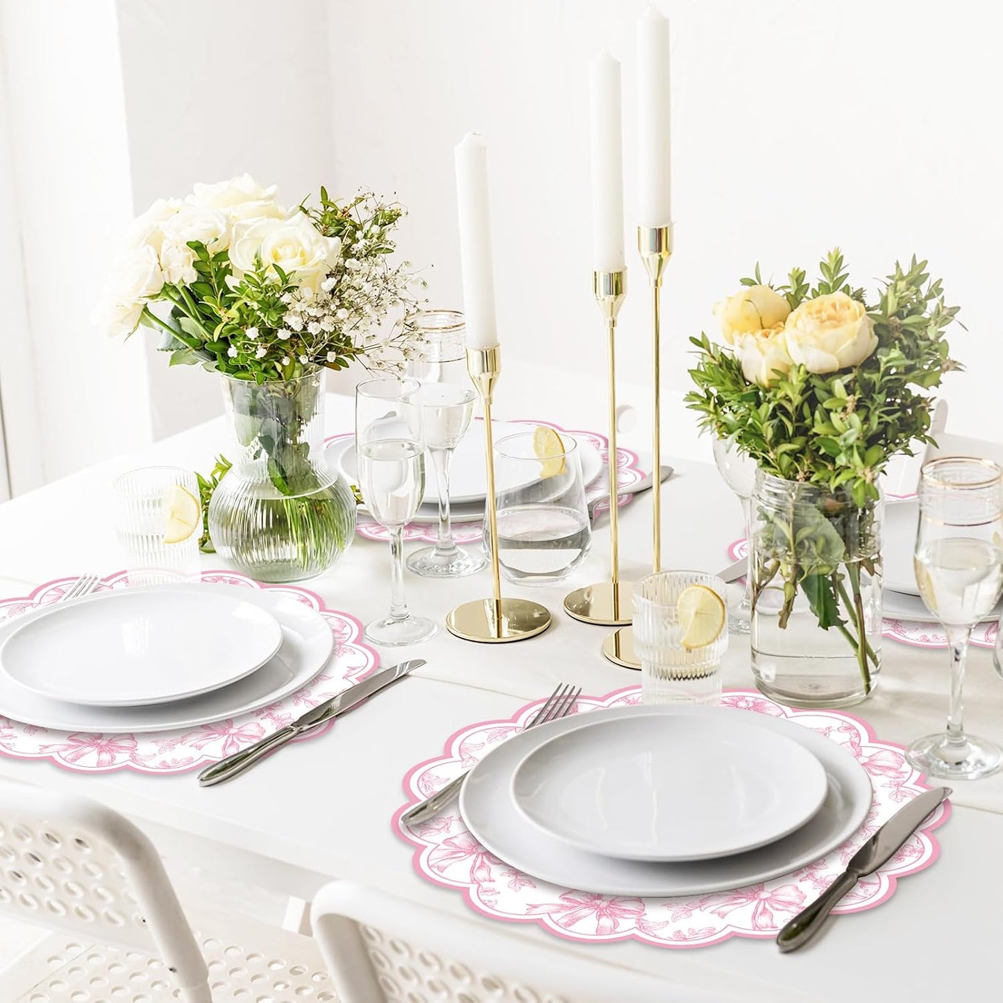 FYSUIMU 60Pcs Pink Floral Bow Scalloped Paper Placemats 13.5 Inch Vintage Flower Bow Disposable Place Mats Chinoiserie Table Mats for Coquette Party Dinner Table Setting