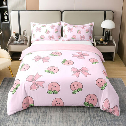 Erosebridal Bowknot 100% Cotton Duvet Cover Twin Size Peach Bedding Set for Kids Boys Girls Cute Cartoon Peaches Kawaii Pink Bow Comforter Cover Fruit Princess Ribbon Bowtie Bedclothes
