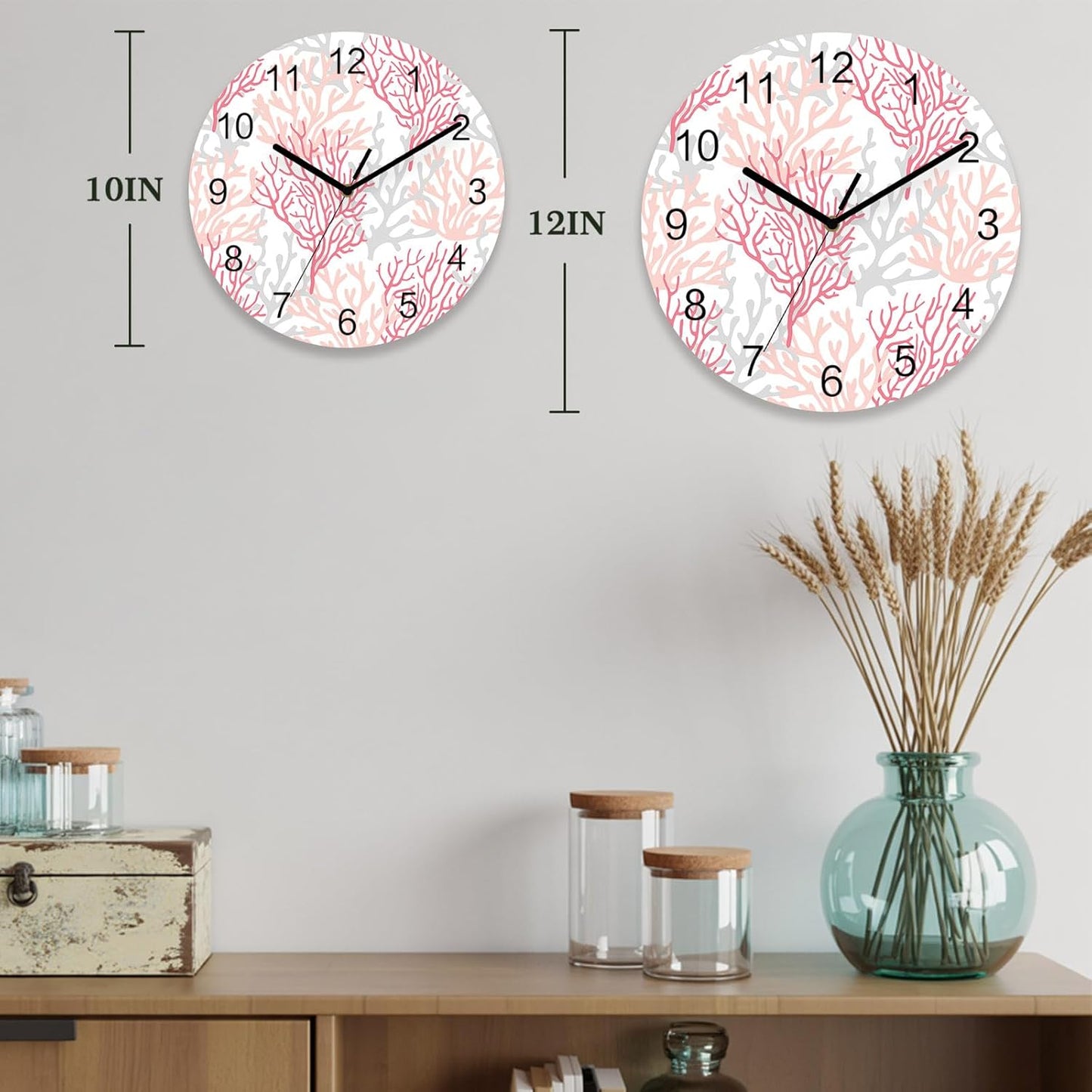 Summer Ocean Pink and Gray Coral Wall Clock Battery Operated Non-Ticking 12" Round Wood Clocks, Kitchen Wall Clock for School Bathroom Living Room Home Office Wall Decor