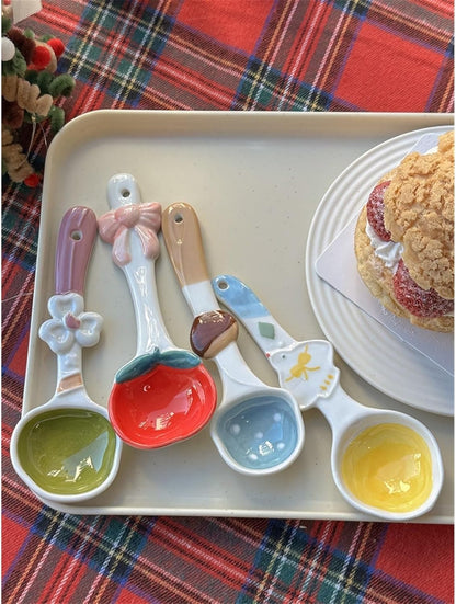 Cooking Spoons Set of 2 Mini Cute Ceramic Spoon Wide Handle Tea Spoon Coffee Spoon Sugar Spoon Flower Decoration Spoons Table Spoons(Pink)