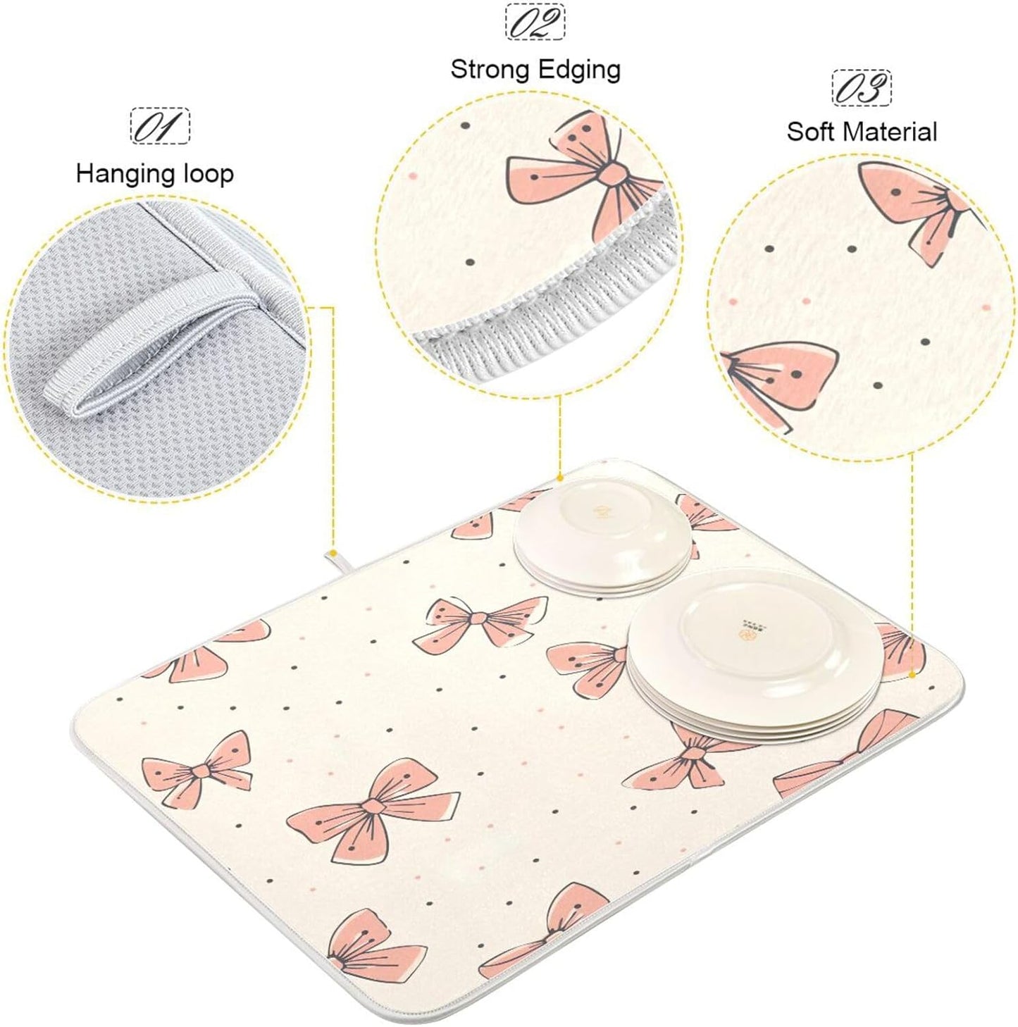 YETTASBIN Light Pink Bow Dish Drying Mat for Kitchen Counter, Super Absorbent Reversible Dish Drainer Rack Pad Coffee Bar Mat, 18 x 24 inch