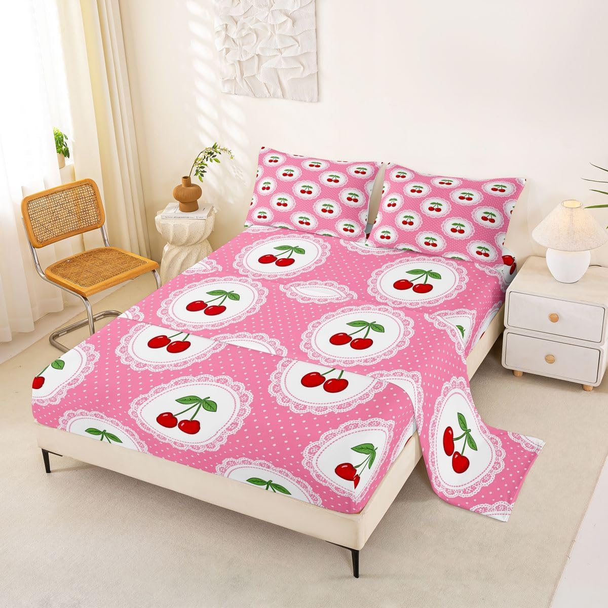 Manfei Cute Cherry 3pc Bedding Set Polka Dots Fruits Deep Pocket Bed Cover for Kids Boys Girls Princess Style Sheet Set(Queen Flat & Fitted Sheet with 2 Pillow Cases),Peach Pink
