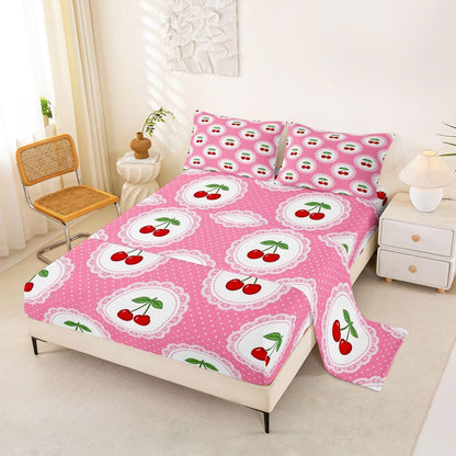 Manfei Cute Cherry 3pc Bedding Set Polka Dots Fruits Deep Pocket Bed Cover for Kids Boys Girls Princess Style Sheet Set(Queen Flat & Fitted Sheet with 2 Pillow Cases),Peach Pink