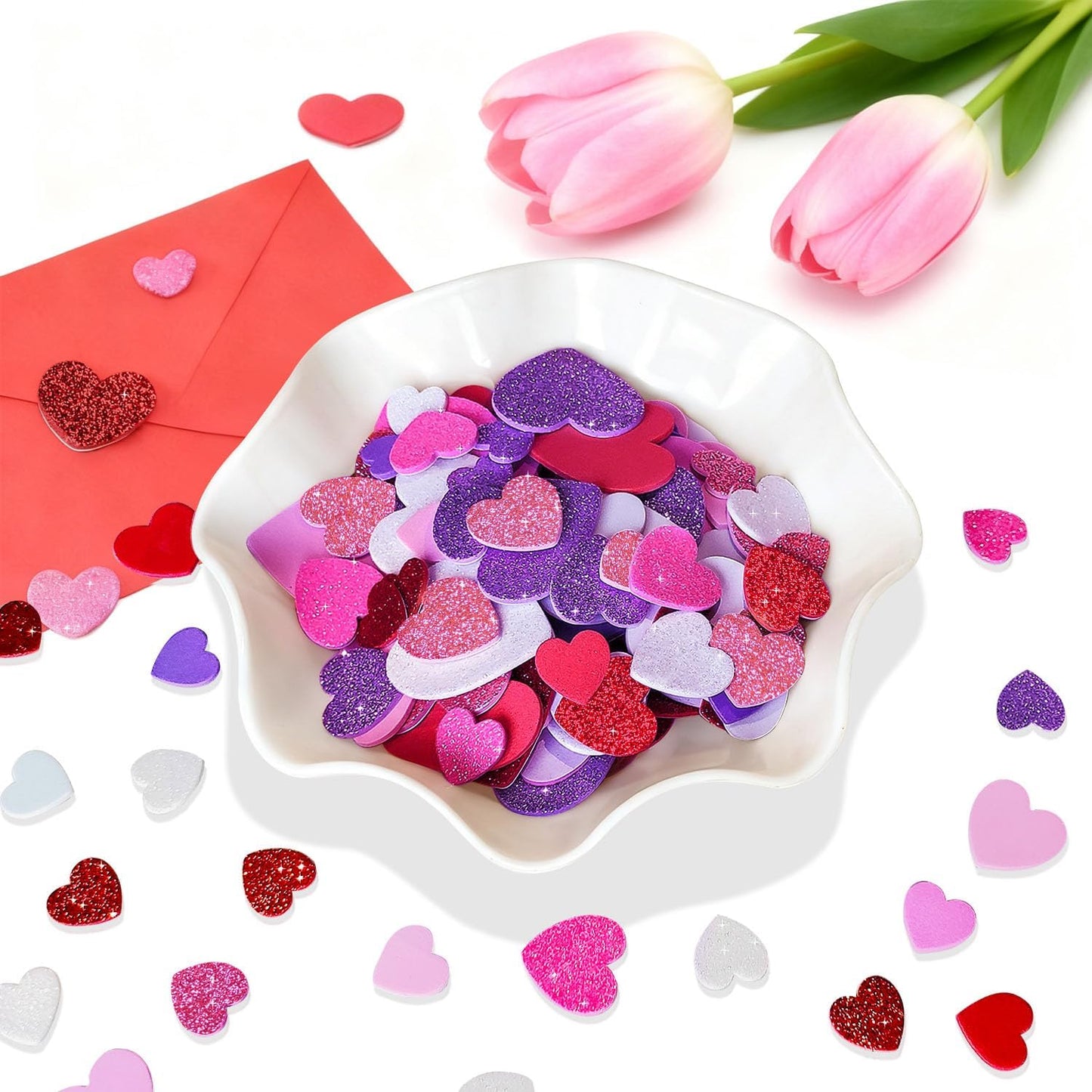 600 Pcs Foam Heart Stickers Red Pink Rose White Purple Hearts Self-Adhesive Stickers for Valentines Day Birthday Party Decor DIY Scrapbooks Greeting Cards Arts Craft Supplies