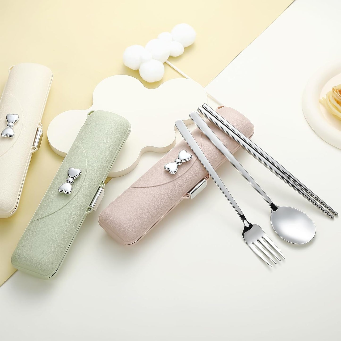 DEVICO Travel Silverware Set with Case, 4Pcs Portable Lunch Utensils Set for Work, Reusable Travel Cutlery Set, 18/8 Stainless Steel Flatware for Caming School Picnic, Dishwasher Safe (Pink)