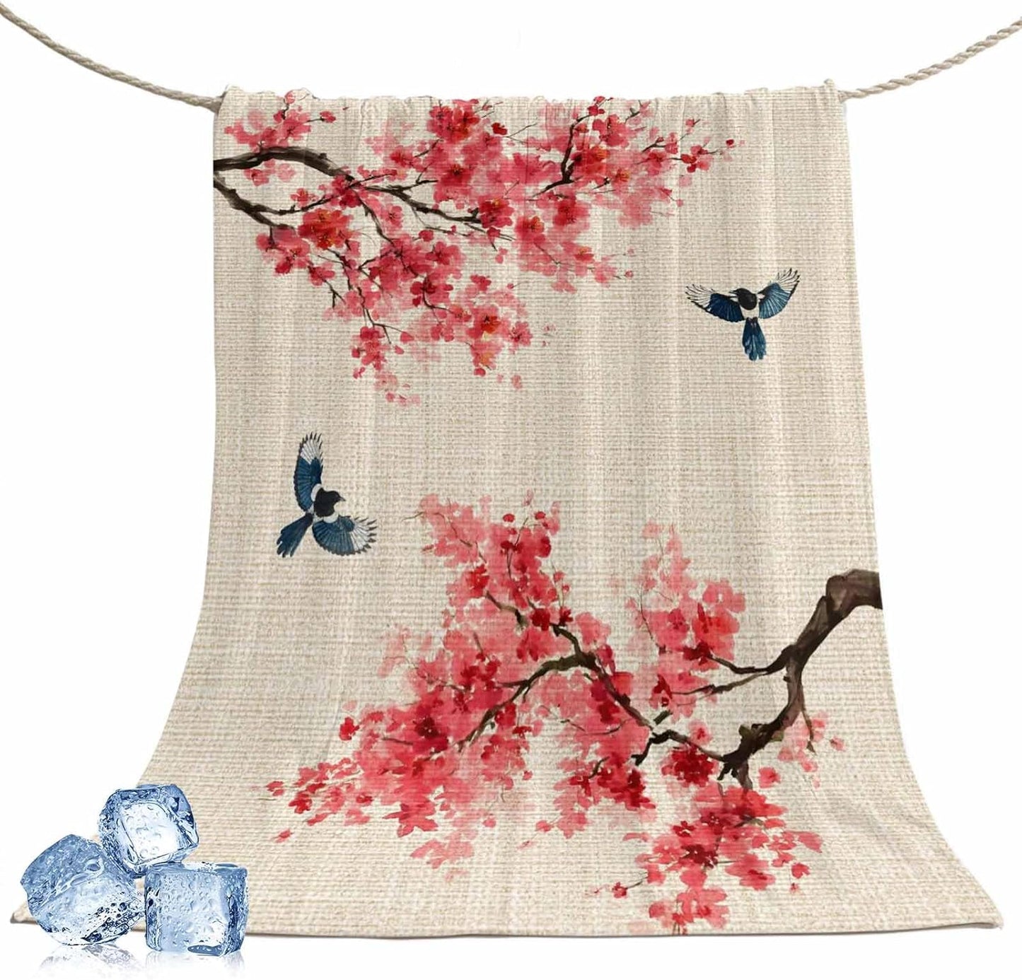 Cooling Throw Blanket 60"x80" for Adults Peach Blossoms Lightweight Breathable Bed Blanket for Hot Sleepers, Spring Summer Floral Birds Burlap Rustic Soft Summer Cool Blankets for Travel, Sofa, Couch