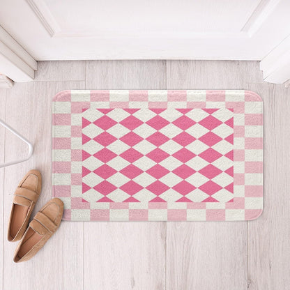 Feelyou Checkered Geometric Bathroom Rugs Pink Plaid Bath Mats Microfiber Checkerboard Modern Aesthetic Bathroom Accessories Pink Floor Doormats Non-Slip 16"x24" Soft