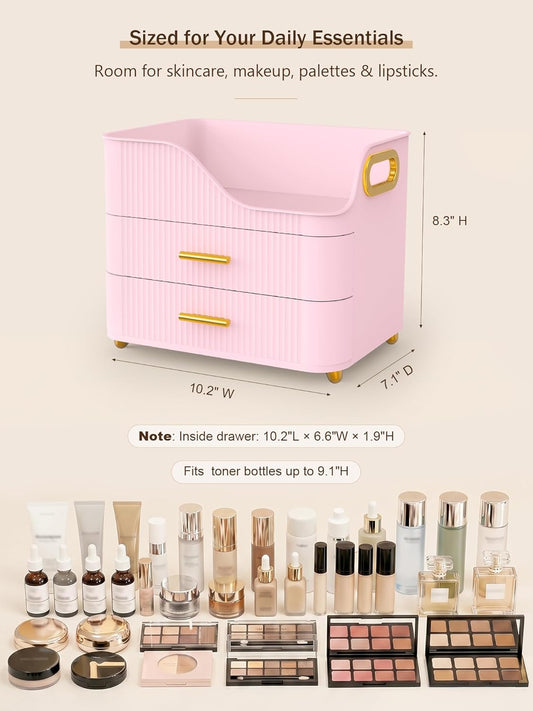 Booklov Countertop Makeup Organizer with Drawers, 3 Tier Large Cosmetic Storage Caddy for Vanity, Bathroom Counter, Dresser, Skincare Display Case for Lipsticks, Beauty Palettes, Teen Girl Gifts, Pink