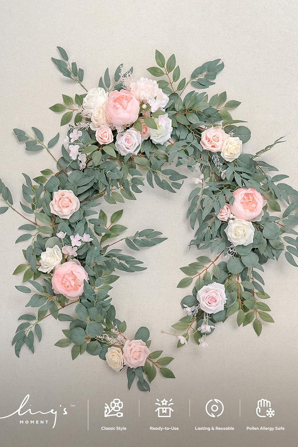 Ling's Moment Pink Artificial Flower Garland Wedding Arch 6 FT | Blush Rose & Eucalyptus, Greenery, Sweetheart Table Decor, Floral Garland for Mantle, Centerpieces, Backdrop