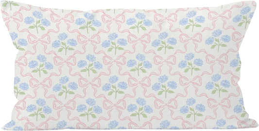 Coquette Pink Bow Hydrangea Floral Pillow Covers 12x20, Coquette Room Decor, Preppy Ribbon Bow Blue Hydrangea Flower Decorative Lumbar Pillow Covers for Girls Bedroom Dorm Home