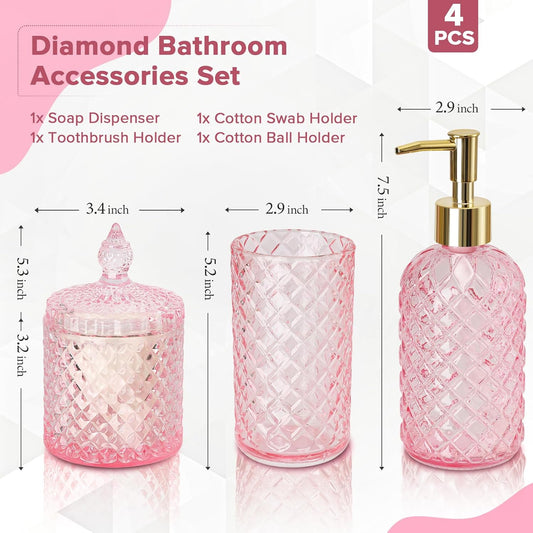 RYTOXILO Pink Bathroom Accessories Set, 4 Pack Pink Bathroom Decor Accessory Sets Complete, Diamond Glass Soap Dispenser and Toothbrush Holder Set for Bath Counter Organizer Essentials