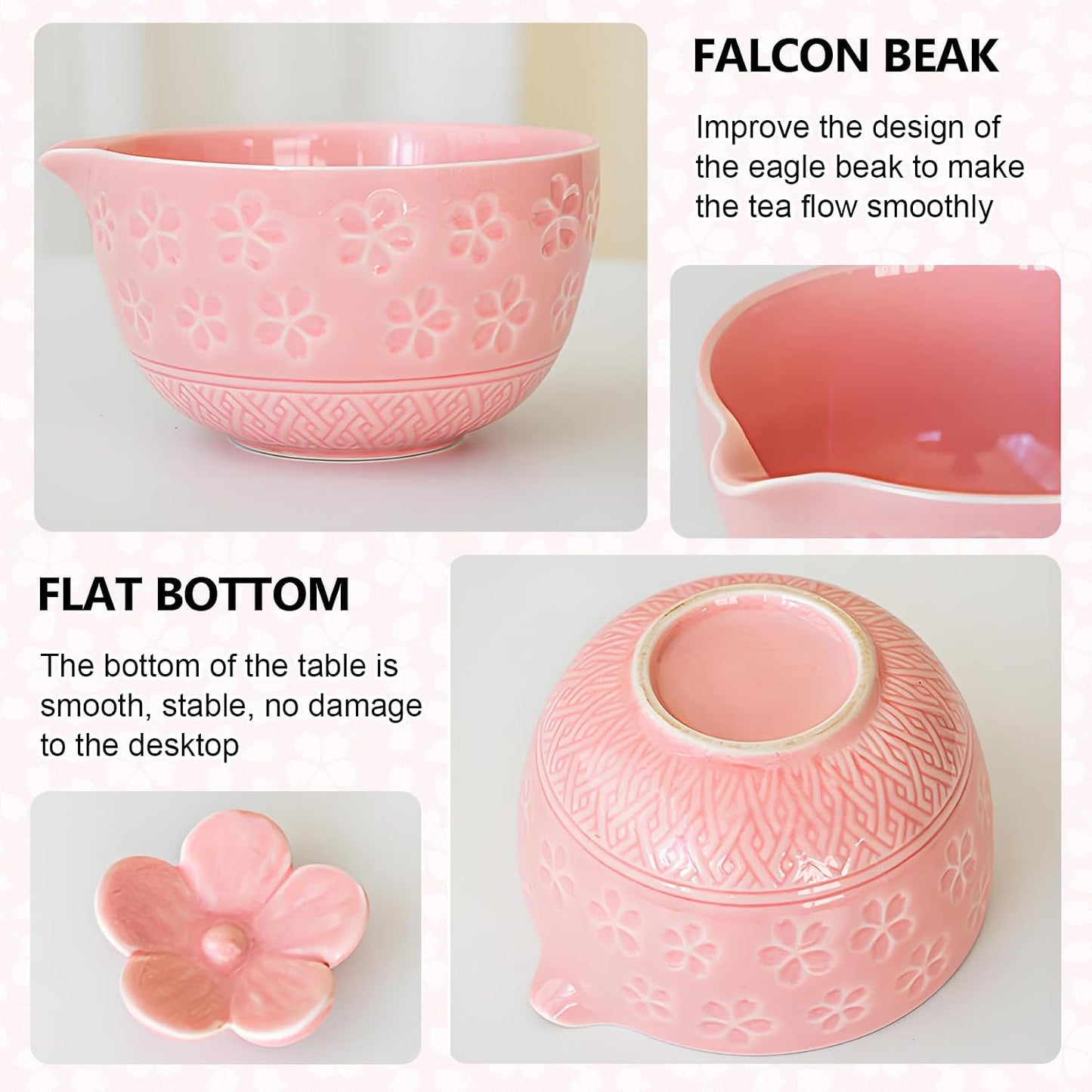 GarveeHome Japanese Matcha Tea Set – 8-Piece Chawan Ceremony Kit with Ceramic Spout Bowl, Wooden Whisk, Scoop, Sifter, Holder, Tea Towel – Great for Beginners & Enthusiasts – Pink, 24×17.5×10.5cm