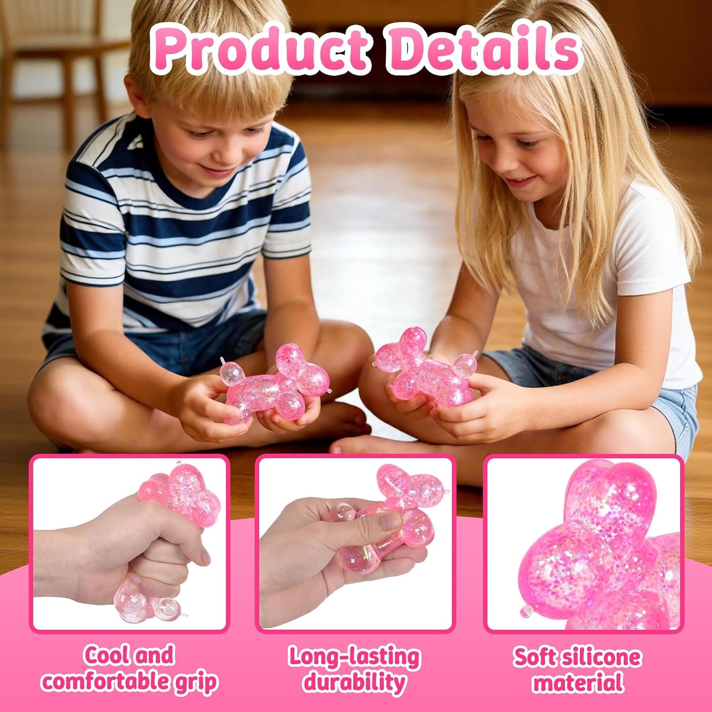 Balloon Dog Squishy Toy, Stretchy Sensory Fidget Toy for Kids and Adults, 1.97in Soft Stress Relief Squeeze Toy, Cute Balloon Animal Desk Toy, Glitter Squishy Gift(Pink)