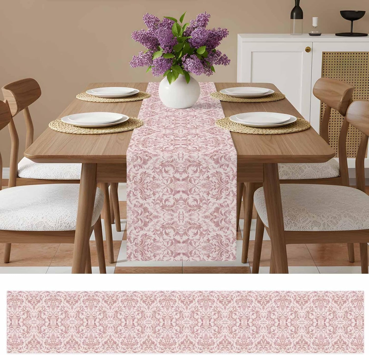 Pink Baroque Cotton Linen Table Runner for Dining Kitchen, Farmhouse Scroll Floral Damask Patterned Wedding Outdoor Party Tablerunners Decoration, Dresser Scarf Coffee Tablecloth Runners 13x72 Inches