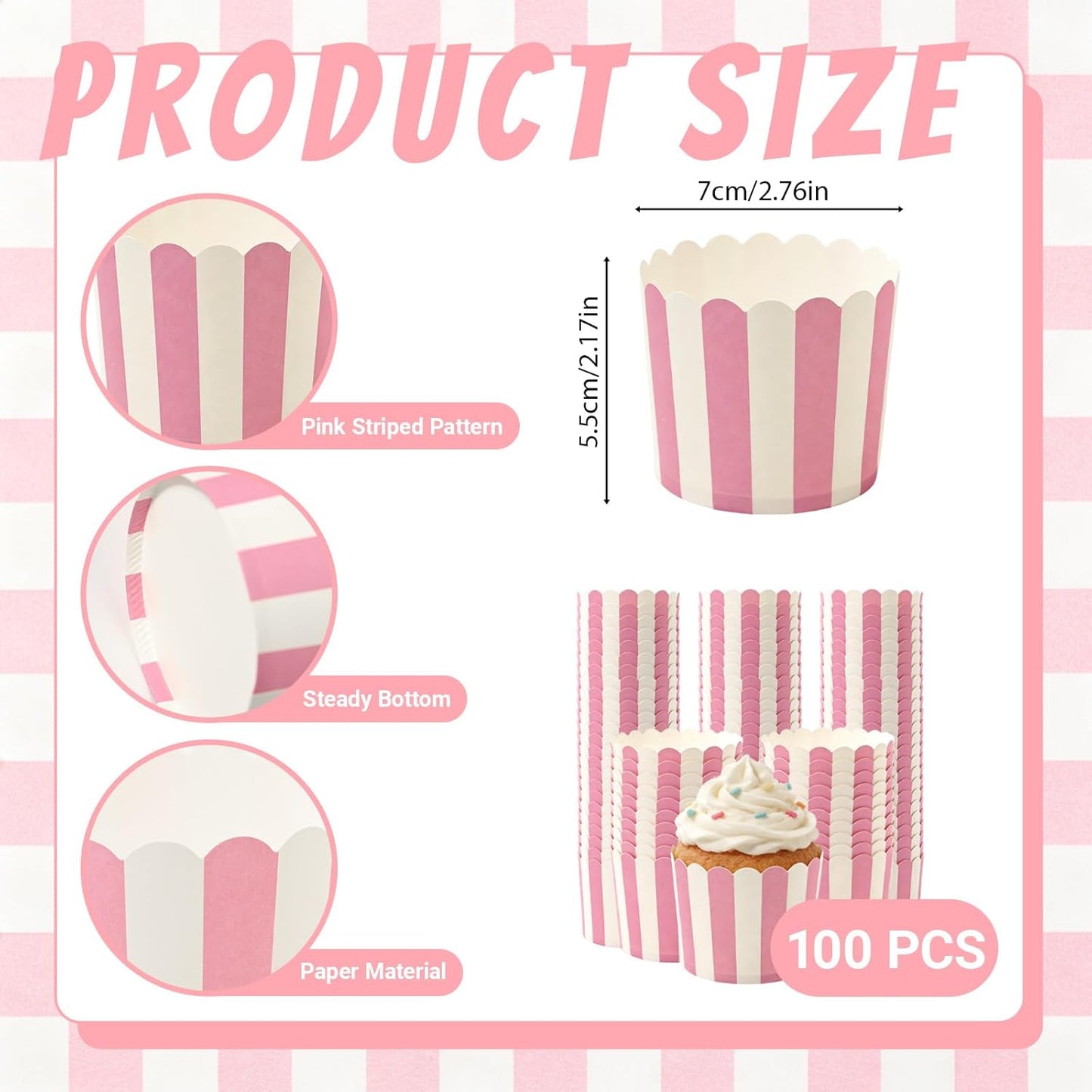 100 PCS Pink and White Striped Cupcake Liners, 6oz Paper Baking Cups and Muffin Liners for Birthday, Wedding, Baby Shower, Bridal Shower, and Party Favors