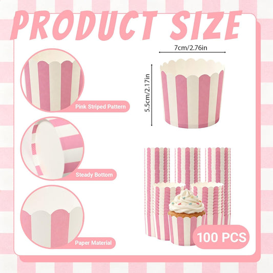 100 PCS Pink and White Striped Cupcake Liners, 6oz Paper Baking Cups and Muffin Liners for Birthday, Wedding, Baby Shower, Bridal Shower, and Party Favors