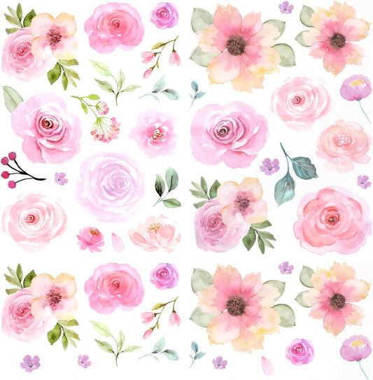 COMNICO 60pcs Pink Flower Wall Sticker Watercolor PVC Peel and Stick Wall Decals Cute Peony Floral and Leaves Pastel Flower Decor for Kids Bedroom Living Room Baby Nursery Kindergarten
